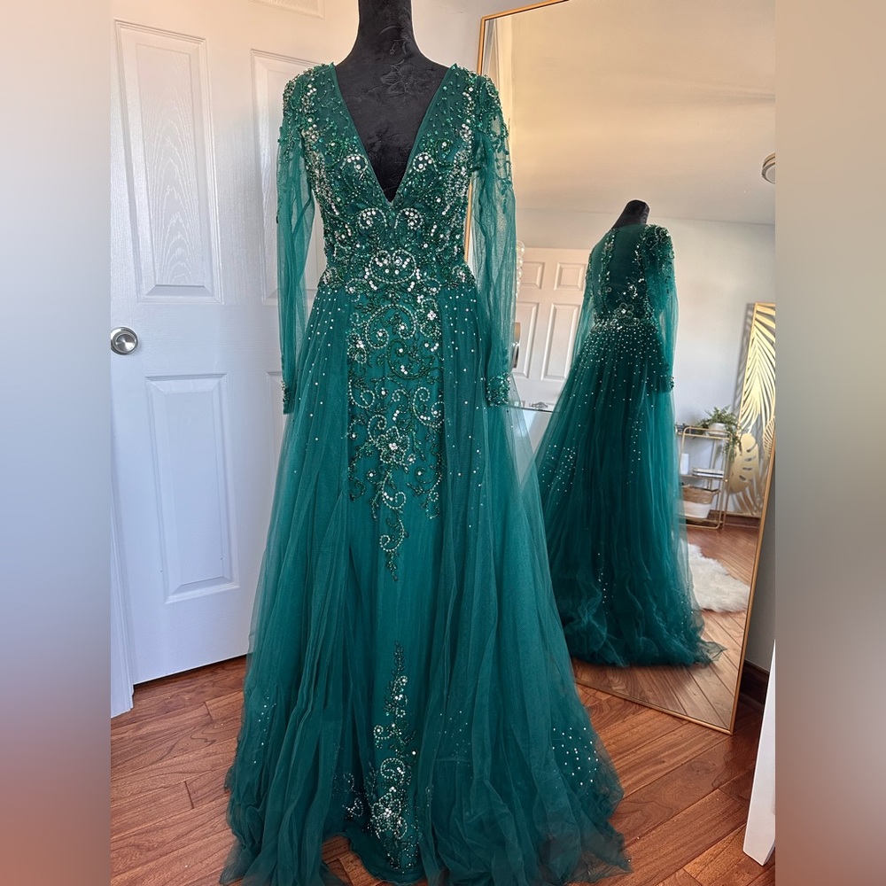 Green beaded and crystal dress with over skirt
